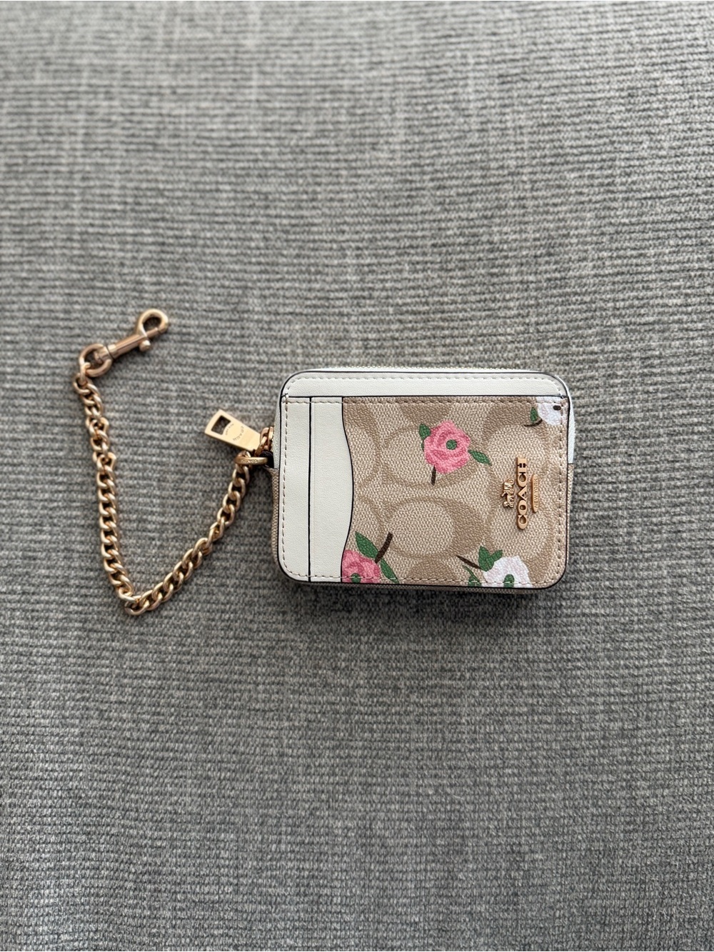 Coach Tan Floral ID Card Case with Gold Chain